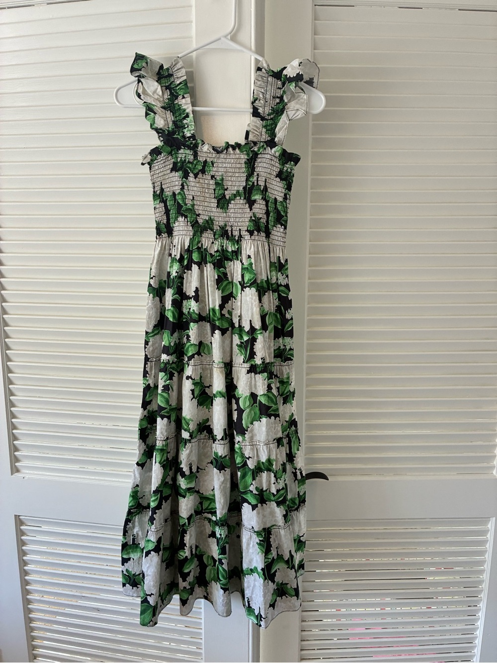 Hill House Floral Smocked Maxi Dress in Green and White XS- worn once